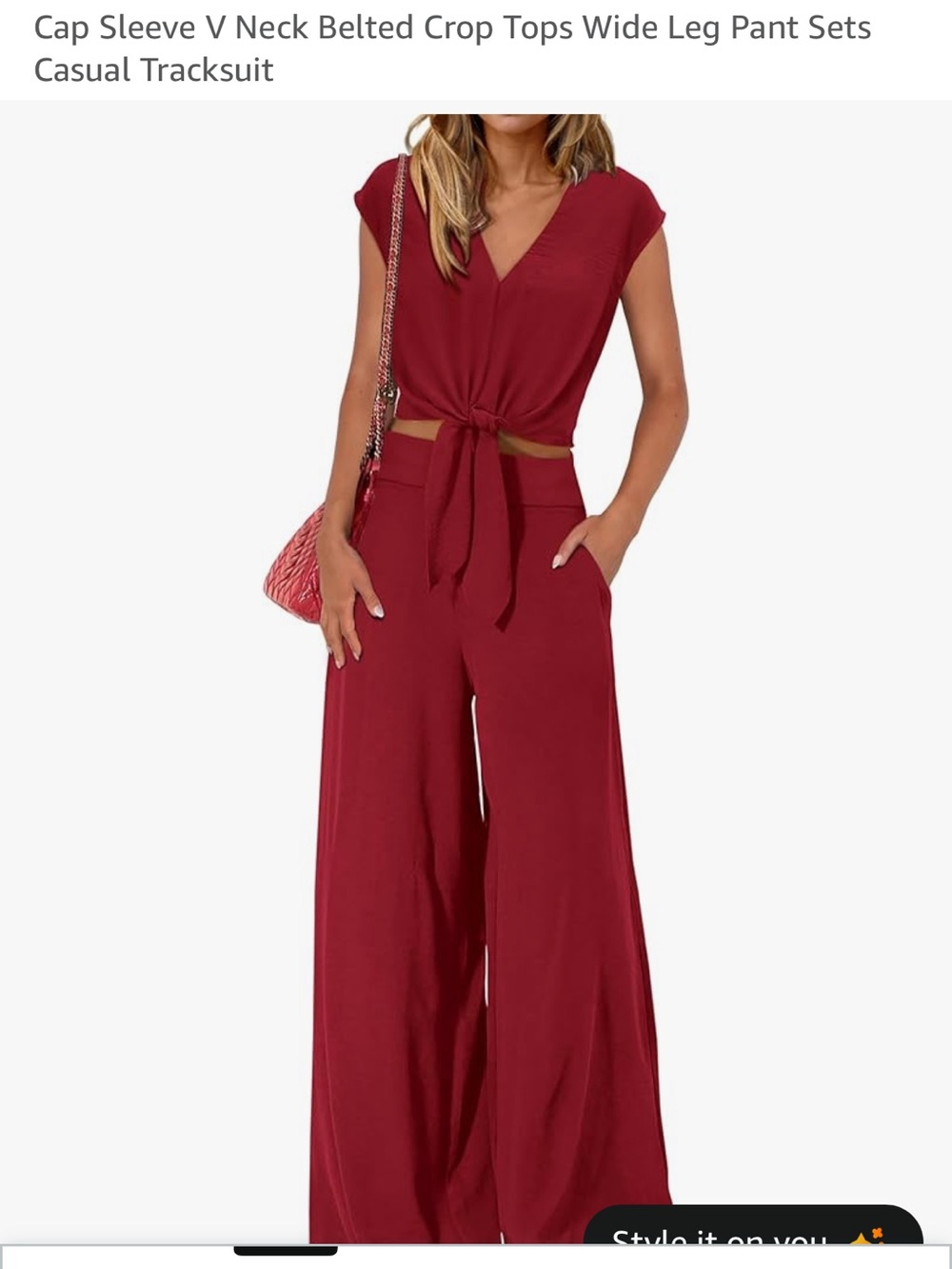 Women’s Burgundy Cap Sleeve V-Neck Belted Crop Top & Wide Leg Pants Set